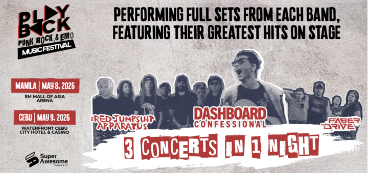 ashboard Confessional Manila 2026, Red Jumpsuit Apparatus Philippines, Faber Drive concert, SM Mall of Asia Arena events, Waterfront Cebu City Hotel music festival.